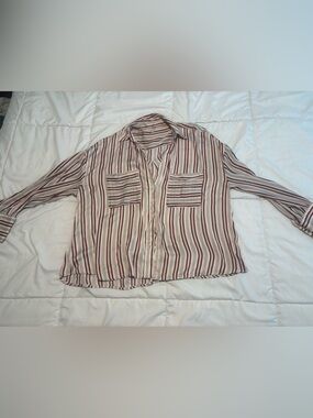 Free People Cream and Burgundy Striped Button-Down Blouse